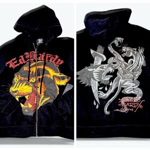 Ed Hardy Zip Hoodie Black Panther Fleece Double Sided + Sleeve Tattoo NWT Mens M